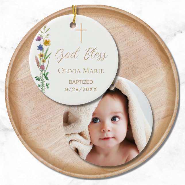 Custom Foto Religiöse Taufe floral Keramik Ornament (Von Creator hochgeladen)