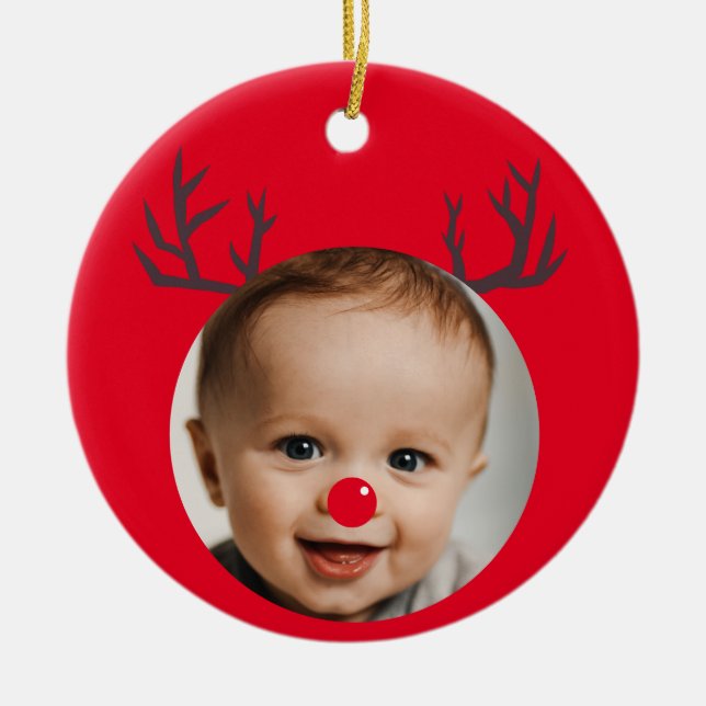 Custom Foto Rentier Baby's First Christmas Keramik Ornament (Vorne)