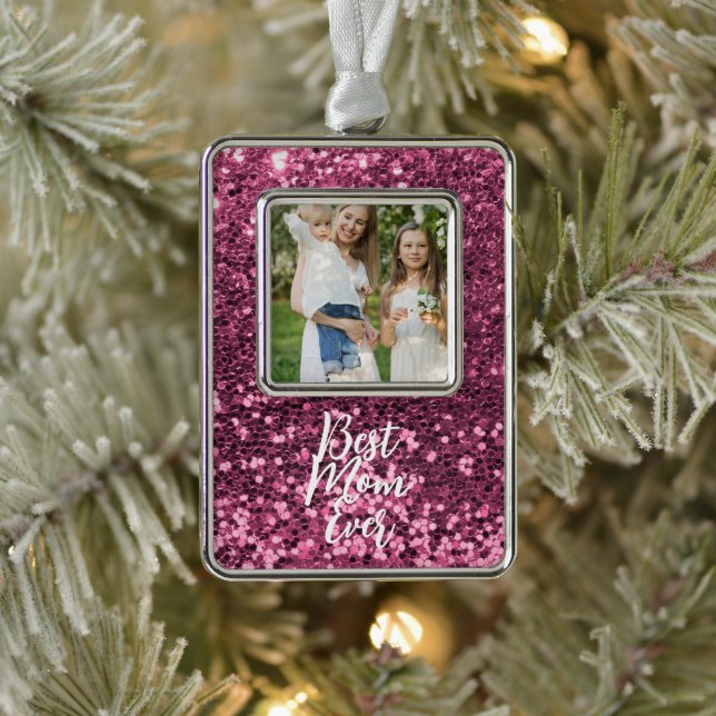 Custom Foto Rosa Glitzer Weihnachtsschmuck Rahmen-Ornament Silber (Baum)