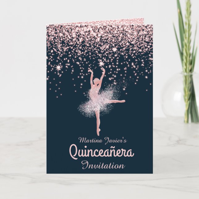Custom Foto Rose Gold Glitzer Quinceañera mit Einladung (Vorderseite)