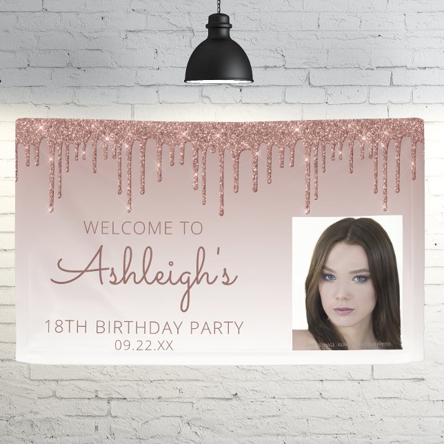 Custom Foto Rose Gold Glitzer Tropfen 18. Geburtst Banner (Von Creator hochgeladen)
