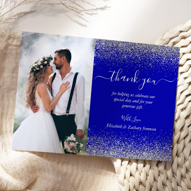 Custom Foto Royal Blue Silver Glitzer Wedding Dankeskarte (Von Creator hochgeladen)
