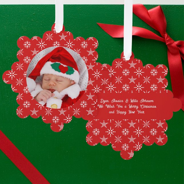 Custom Foto Santa Baby Snowflakes & Red Paper Ornament Karte (Custom Photo Santa Baby Snowflakes & Red Paper Ornament Card)