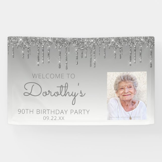 Custom Foto Silver Glitzer Tropfen 90. Geburtstag Banner (Horizontal)