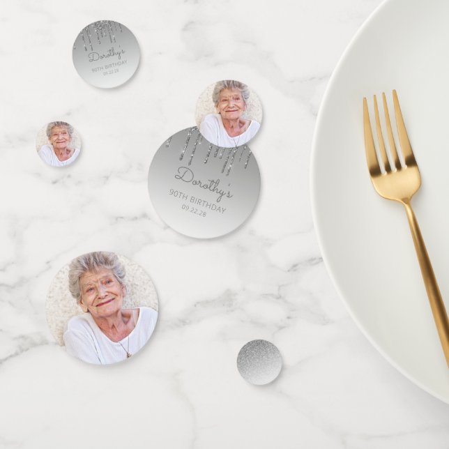 Custom Foto Silver Glitzer Tropfen 90. Geburtstag Konfetti (Gruppe)
