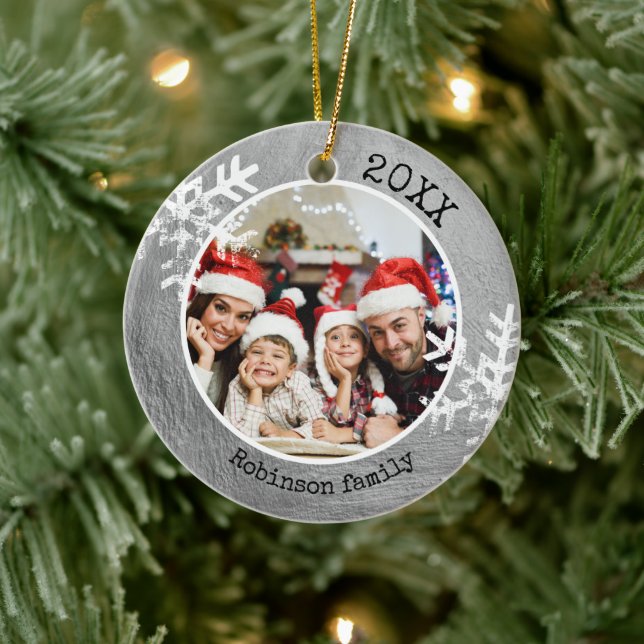 Custom Foto Silver Paint Rustic Snowflake Keramik Ornament (Baum)