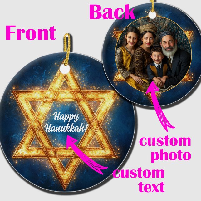 Custom Foto & Text Happy Hanukkah, Star von David Keramik Ornament (Custom photo & text Happy Hanukkah, Star of David Ceramic Ornament)