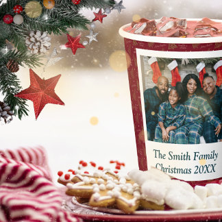 Custom Foto & Text Weihnachtsbaum & Grüße Rot Pappbecher