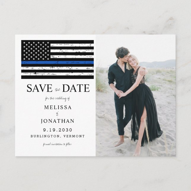 Custom Foto Thin Blue Line Police Wedding Ankündigungspostkarte (Vorderseite)