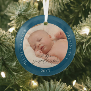 Custom Foto und Name Baby's First Christmas Blue Ornament Aus Glas