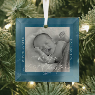 Custom Foto und Name Baby's First Christmas Blue Ornament Aus Glas