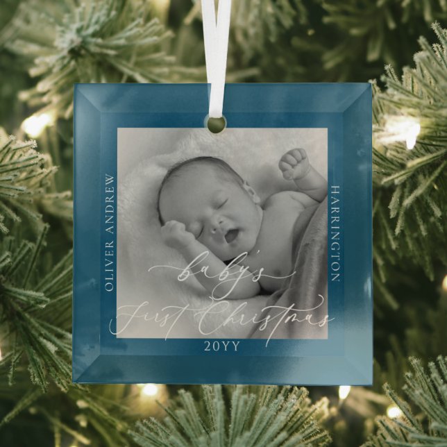 Custom Foto und Name Baby's First Christmas Blue Ornament Aus Glas (Insitu)