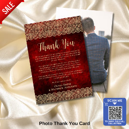Custom Foto Vielen Dank Red Gold Rustic Lace Dankeskarte