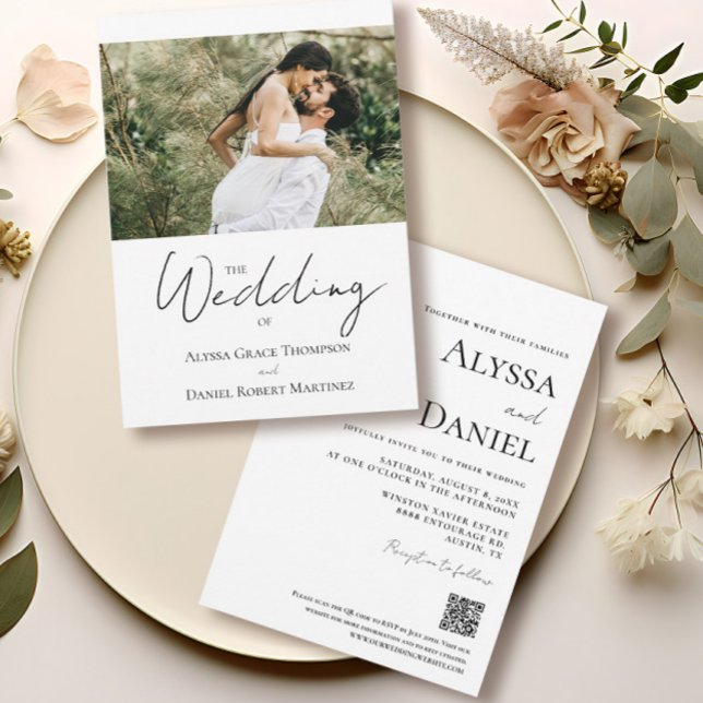 Custom Foto Wedding Website Schwarz und Weiß Einladung (Custom personalized engagement photo "The wedding of "invitation with qr code wedding website.)