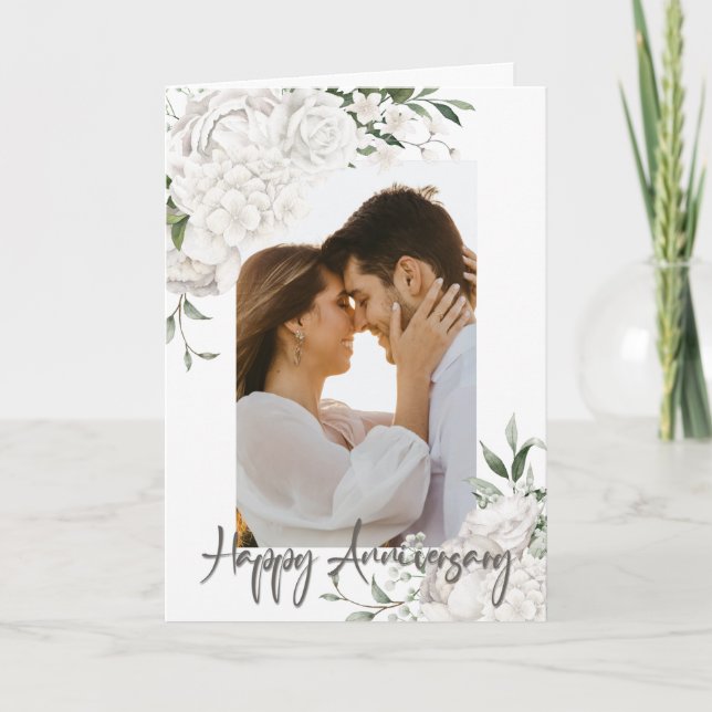 Custom Foto White Floral Jubiläum Gruß Karte (Vorderseite)