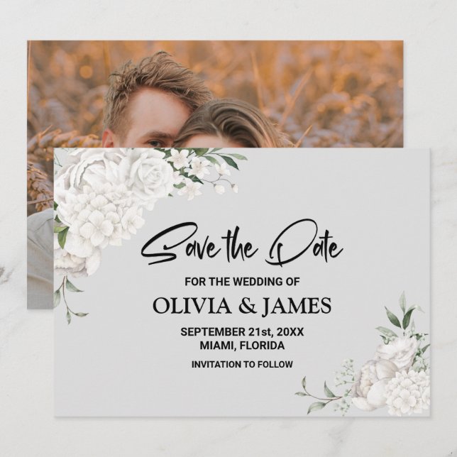 Custom Foto White Floral Wedding Save The Date (Vorne/Hinten)