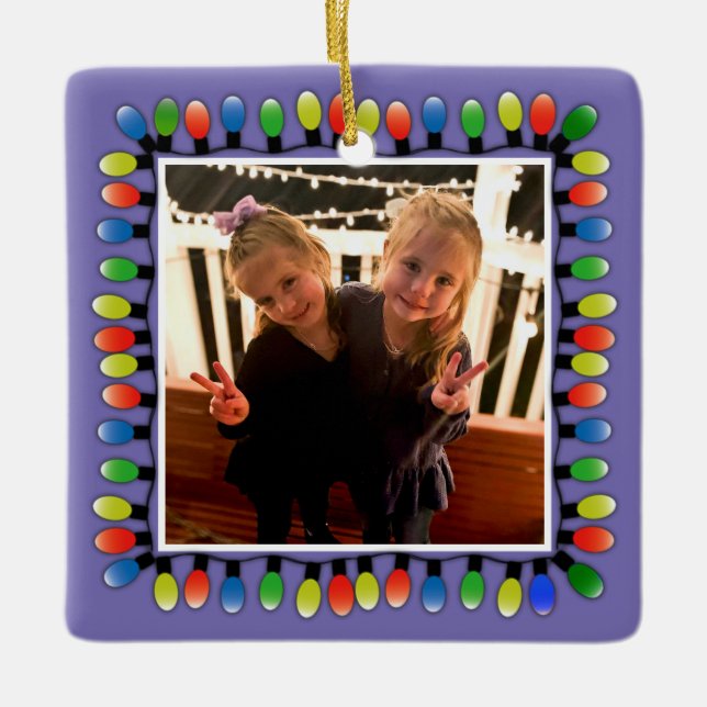 Custom Foto with back text Party Lights Purple Keramikornament (Vorderseite)