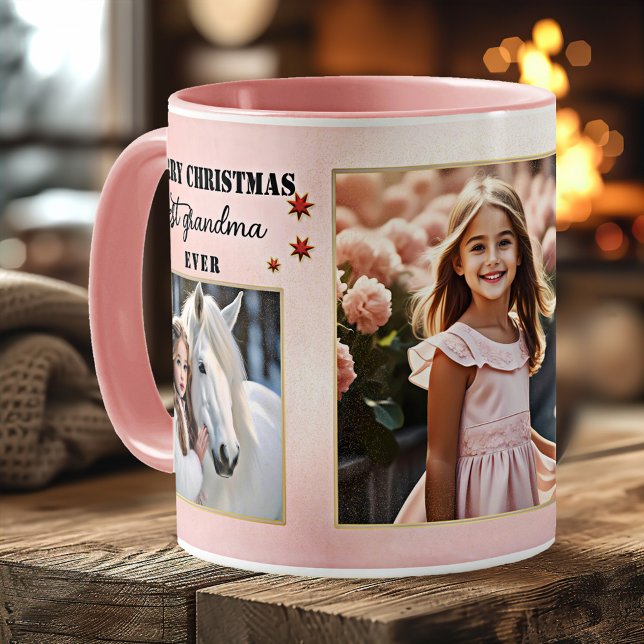 Custom Fotos Best Oma je Pink Weihnachten Kaffeetasse (Christmas mug featuring custom photos on pink with festive red and gold stars - gift for grandma)