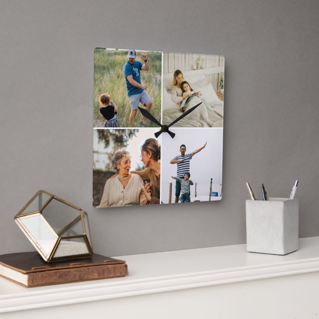 Custom Four Photo Collage Template Modern  Quadratische Wanduhr (Büro)