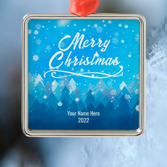 Custom Friedlich Blue Snow Forest Frohe Weihnachte Ornament Aus Metall (Von Creator hochgeladen)