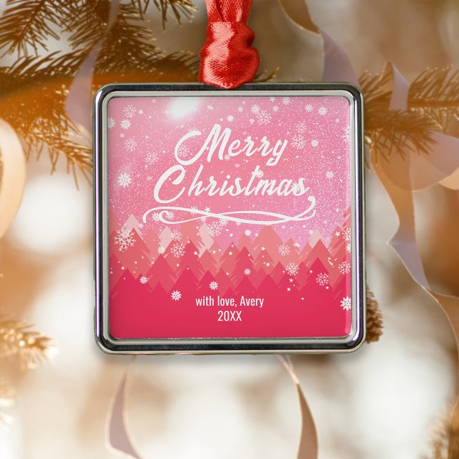 Custom Friedlich Pink Snow Forest Frohe Weihnachte Ornament Aus Metall (Von Creator hochgeladen)