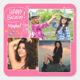 Custom Friend Happy Geburtstag Foto Collage Quadratischer Aufkleber
