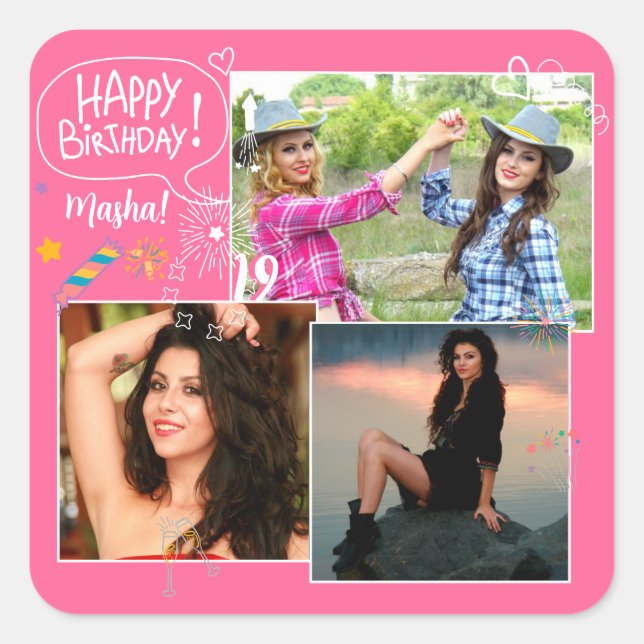 Custom Friend Happy Geburtstag Foto Collage Quadratischer Aufkleber (Vorderseite)