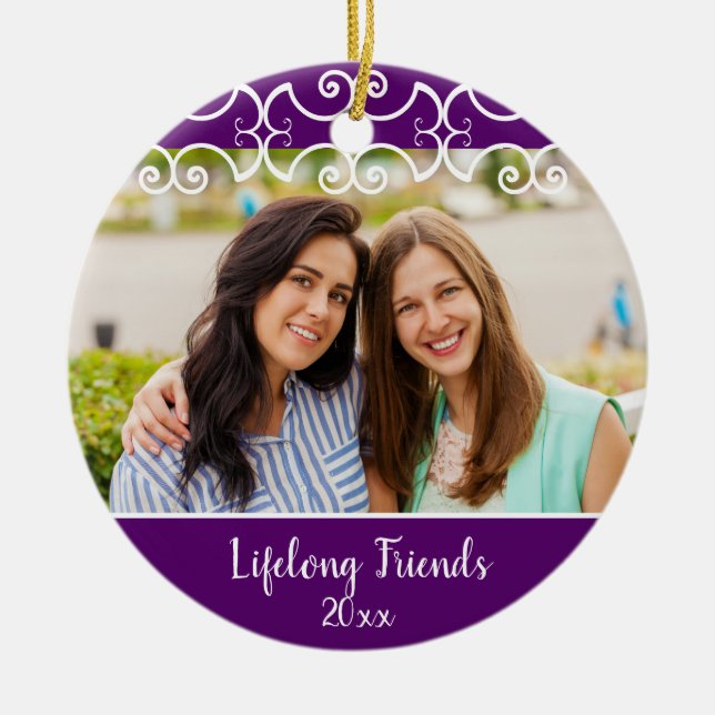Custom Friends 2-seitiges Foto Lila Weihnachten Keramik Ornament (Vorne)