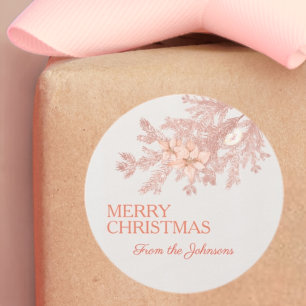 Custom Frohe Weihnachten Pink Glitzer Kiefernzweig Runder Aufkleber