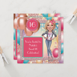 Custom Fun & Fabulous Sweet 16 Karikaturen Design Einladung