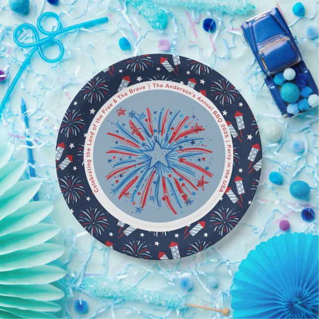 Custom Fun Fireworks 4. Juli Red White Blue Pappteller (Party)
