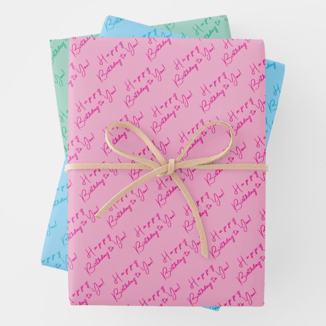 Custom Fun Happy Birthday Pattern Pink Blau Grün Geschenkpapier Set (Beispiel)