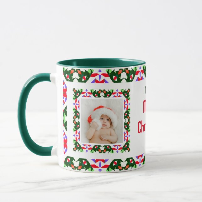 Custom Fun Jolly Weihnachts Grün Muster Foto Tee Tasse (Links)