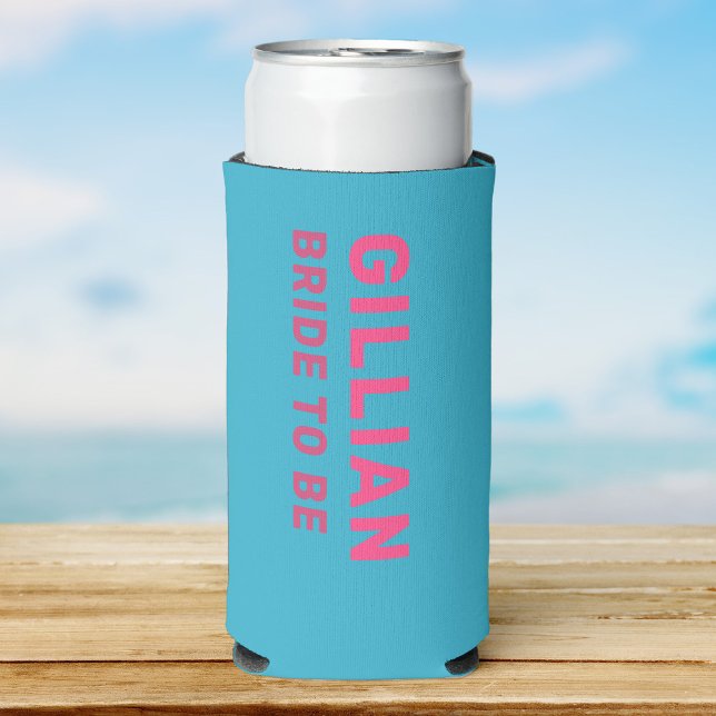 Custom Fun Modern Bachelorette Summer Beach Trip Selters Dosenkühler (a teal seltzer can cooler with pink simple font reading Allison and Bridesmaid smaller in darker )