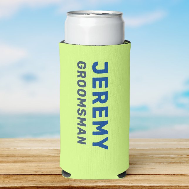 Custom Fun Moderne Coole Bachelor Summer Beach Tri Selters Dosenkühler (a lime green seltzer can cooler with blue simple font reading Jeremy and groomsman smaller. )