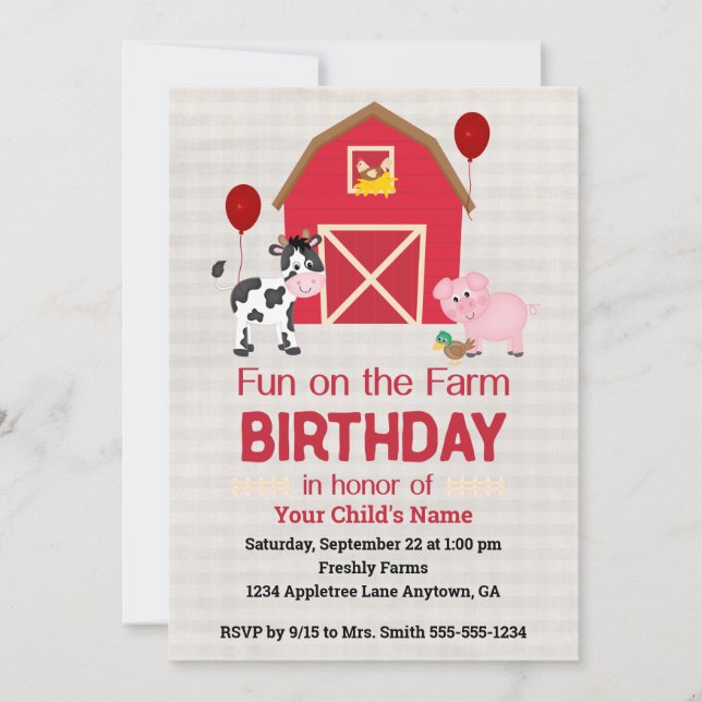 Custom Fun on the Farm Birthday Gingham  Einladung (Vorderseite)
