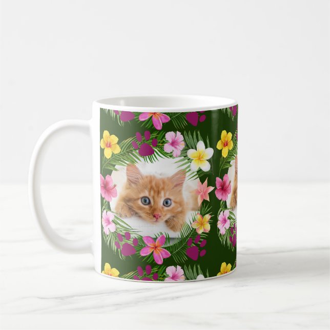 Custom Funny Cat Foto Grün tropisch Hawaii Kaffeetasse (Links)