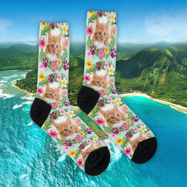 Custom Funny Cat Foto Tropical Blätter Hawaiian Socken (Von Creator hochgeladen)