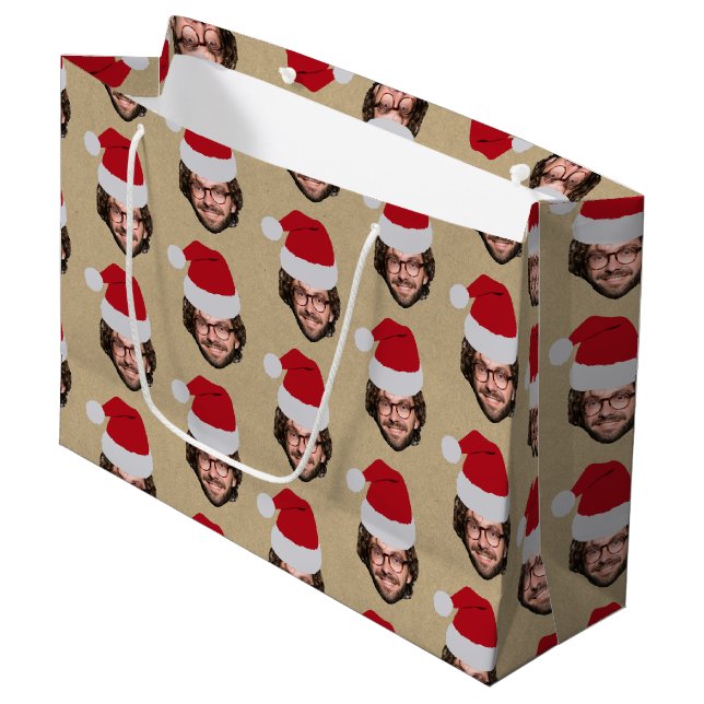 Custom Funny Christmas Weihnachtsmannmütze Face Fo Große Geschenktüte (Vorderseite Schrägansicht)
