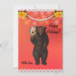 Custom Funny Modern Christmas Bear with flowers  Feiertagskarte