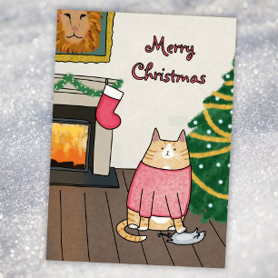 Custom Funny Orange Cat Mouse Under Christmas Tree Feiertagskarte