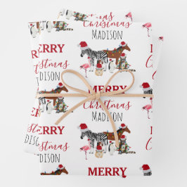 Custom Funny Weihnachtstiere Weihnachtsmannmützen  Geschenkpapier Set