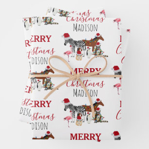 Custom Funny Weihnachtstiere Weihnachtsmannmützen  Geschenkpapier Set