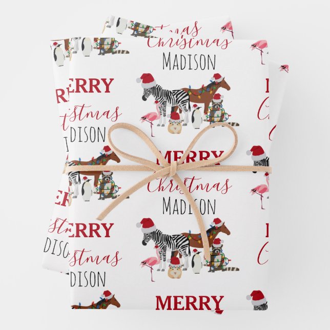Custom Funny Weihnachtstiere Weihnachtsmannmützen  Geschenkpapier Set (Beispiel)