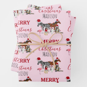 Custom Funny Weihnachtstiere Weihnachtsmannmützen  Geschenkpapier Set