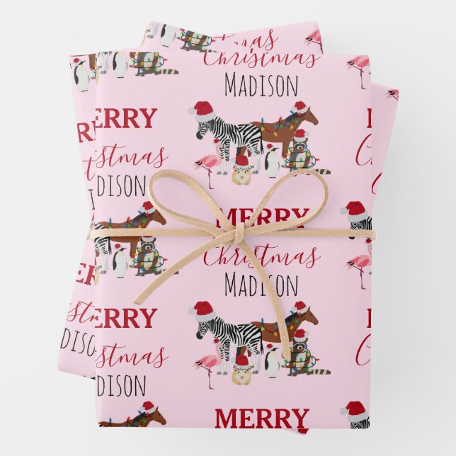 Custom Funny Weihnachtstiere Weihnachtsmannmützen  Geschenkpapier Set (Beispiel)
