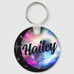 Custom Galaxy Nebula Moon and Stars Name Black Schlüsselanhänger