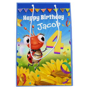 Custom Gift Bag für Jungen 4. Geburtstag - Ladybug Mittlere Geschenktüte
