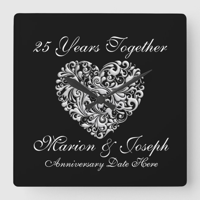 CUSTOM GIFT CLOCK 25. SILVER JAHRESTAG QUADRATISCHE WANDUHR (Vorderseite)