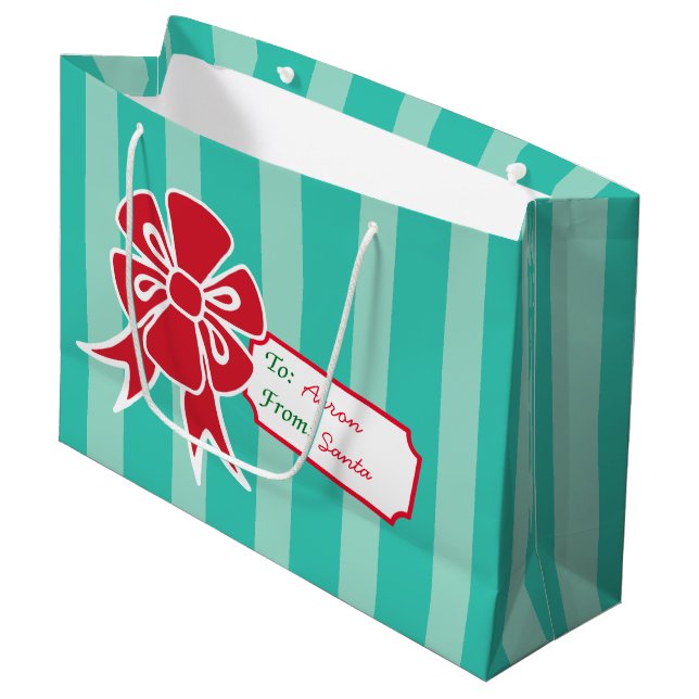 Custom Gift Tag Bow Aqua Weihnachtsgeschenktasche Große Geschenktüte (Vorderseite Schrägansicht)